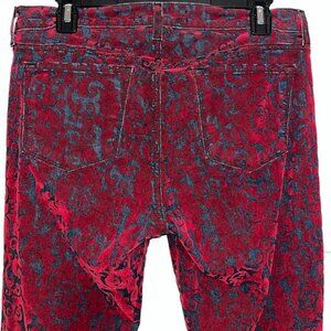 J Brand Red Brocade Mid Rise Skinny Jeans